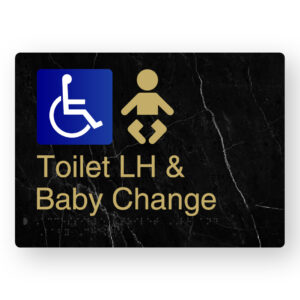 Accessible Toilet LH & Baby Change Braille Sign in a Black Marble & Satin Brass Finish