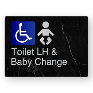 Accessible Toilet LH & Baby Change Braille Sign in a Black Marble & Silver Finish
