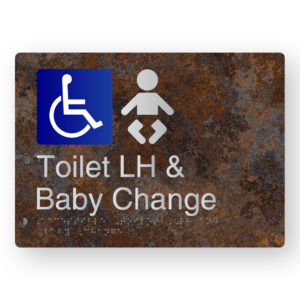 Accessible Toilet LH & Baby Change Braille Sign in a Distressed Metal Finish