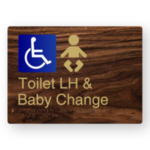 Accessible Toilet LH & Baby Change Braille Sign in a Dark Woodgrain & Brass Finish