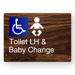Accessible Toilet LH & Baby Change Braille Sign in a Dark Woodgrain