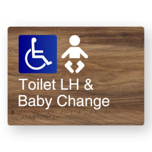 Accessible Toilet LH & Baby Change Braille Sign in a Mid-Tone Woodgrain