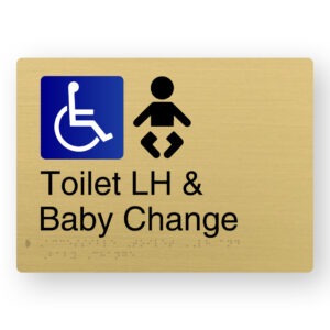 Accessible Toilet LH & Baby Change Braille Sign in a Satin Brass Finish