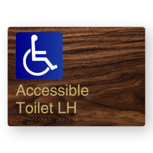 Accessible Toilet LH Braille Sign in a Dark Woodgrain & Brass Finish