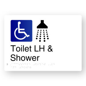 Accessible Toilet LH & Shower Braille Sign in White Aluminium