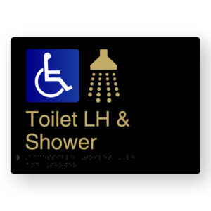 Accessible Toilet LH & Shower Braille Sign in a Black & Satin Brass Finish