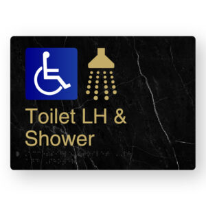 Accessible Toilet LH & Shower Braille Sign in a Black Marble & Satin Brass Finish