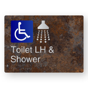 Accessible Toilet LH & Shower Braille Sign in a Distressed Metal Finish