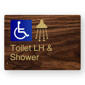 Accessible Toilet LH & Shower Braille Sign in a Dark Woodgrain & Brass Finish