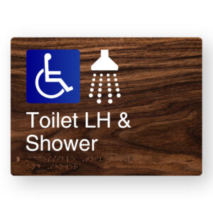 Accessible Toilet LH & Shower Braille Sign in a Dark Woodgrain