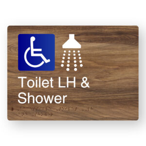 Accessible Toilet LH & Shower Braille Sign in a Mid-Tone Woodgrain