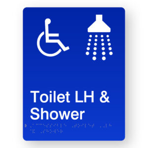 Accessible Toilet LH & Shower Braille Sign in Portrait Blue Acrylic