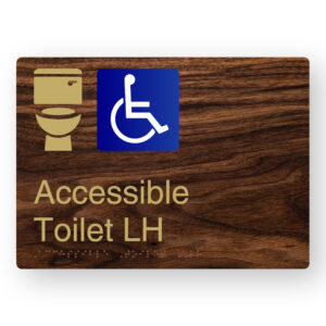 Accessible Toilet LH Braille Sign in a Dark Woodgrain & Brass Finish