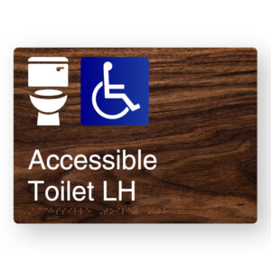 Accessible Toilet LH Braille Sign in a Dark Woodgrain