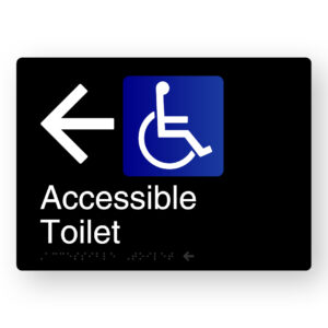 Accessible Toilet (Left Arrow) Braille Sign in Black Aluminium