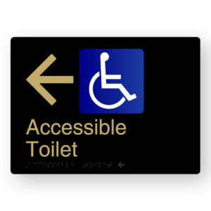 Accessible Toilet (Left Arrow) Braille Sign in a Black & Satin Brass Finish