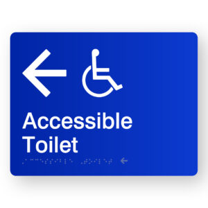Accessible Toilet (Left Arrow) Braille Sign in Blue Acrylic