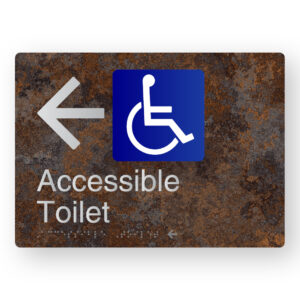 Accessible Toilet (Left Arrow) Braille Sign in a Distressed Metal Finish