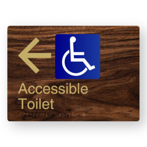 Accessible Toilet (Left Arrow) Braille Sign in a Dark Woodgrain & Brass Finish