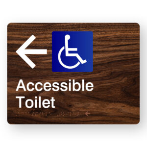 Accessible Toilet (Left Arrow) Braille Sign in Dark Woodgrain
