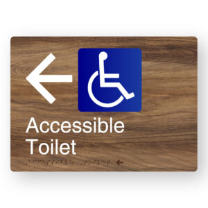 Accessible Toilet (Left Arrow) Braille Sign in a Mid-Tone Woodgrain