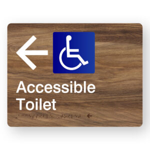 Accessible Toilet (Left Arrow) Braille Sign in Mid-Tone Woodgrain in Acrylic