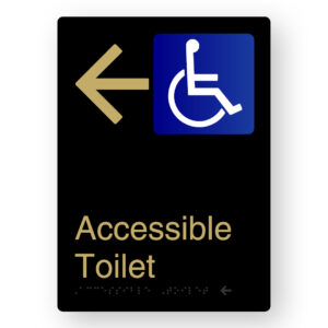 Accessible Toilet (Left Arrow) Braille Sign in Portrait Black & Satin Brass Finish
