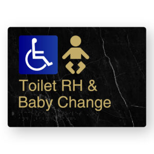 Accessible Toilet RH & Baby Change Braille Sign in a Black Marble & Satin Brass Finish - Image 1