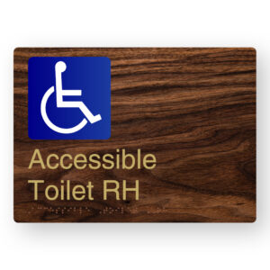 Accessible Toilet RH Braille Sign in a Dark Woodgrain & Brass Finish