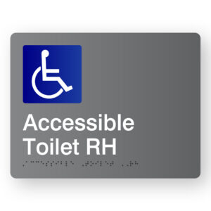 Accessible Toilet RH Braille Sign in Grey Acrylic. A Grey panel with white raised tactile text & graphic of the Accessible symbol.