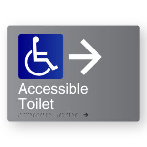 Accessible Toilet (Right Arrow) Braille Sign in Grey Aluminium