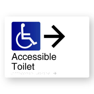 Accessible Toilet (Right Arrow) Braille Sign in White Aluminium