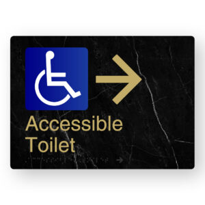Accessible Toilet (Right Arrow) Braille Sign in a Black Marble & Satin Brass Finish