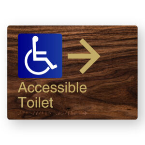 Accessible Toilet (Right Arrow) Braille Sign in a Dark Woodgrain & Brass Finish