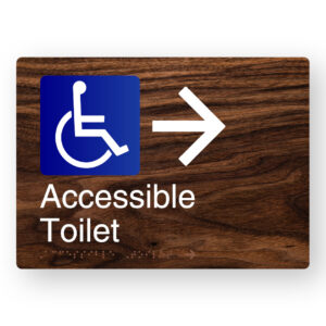 Accessible Toilet (Right Arrow) Braille Sign in a Dark Woodgrain