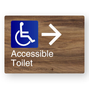 Accessible Toilet (Right Arrow) Braille Sign in a Mid-Tone Woodgrain