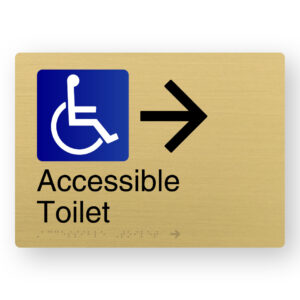 Accessible Toilet (Right Arrow) Braille Sign in a Satin Brass Finish