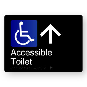 Accessible Toilet (Up Arrow) Braille Sign in Black Aluminium