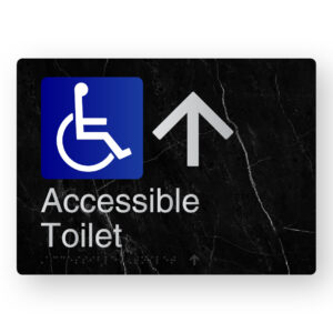 Accessible Toilet (Up Arrow) Braille Sign in a Black Marble & Silver Finish