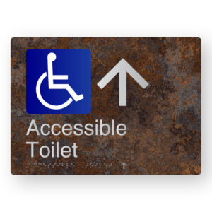 Accessible Toilet (Up Arrow) Braille Sign in a Distressed Metal Finish