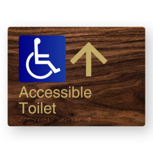 Accessible Toilet (Up Arrow) Braille Sign in a Dark Woodgrain & Brass Finish
