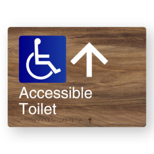 Accessible Toilet (Up Arrow) Braille Sign in a Mid-Tone Woodgrain