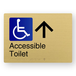 Accessible Toilet (Up Arrow) Braille Sign in a Satin Brass Finish