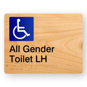 All Gender Accessible Toilet LH Braille sign in Woodgrain Acrylic