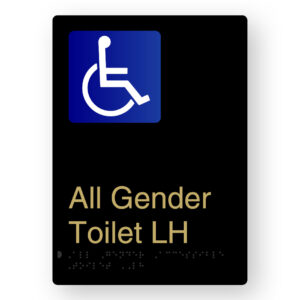 All Gender Accessible Toilet LH Braille Sign in Portrait Black & Satin Brass Finish
