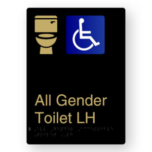 All Gender Accessible Toilet LH Braille Sign in Portrait Black & Satin Brass Finish