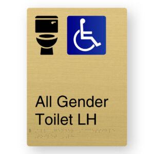 All Gender Accessible Toilet LH Braille Sign in Portrait Satin Brass Finish