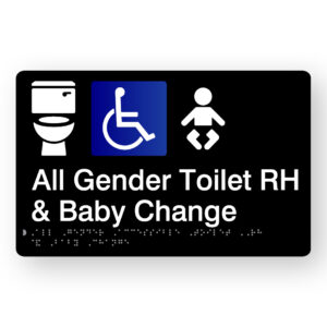All Gender Accessible Toilet RH & Baby Change Acrylic Braille Sign in Black Acrylic. A Black Acrylic panel with a white Toilet. Accessible & baby symbol.