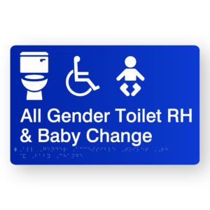 All Gender Accessible Toilet RH & Baby Change Braille Sign in Blue Acrylic. A Blue Panel with raised white Toilet, Accessible & Baby Symbols.