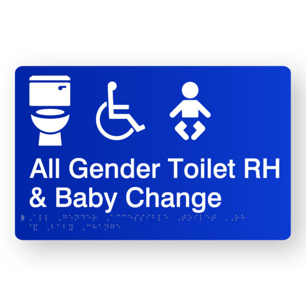 All Gender Accessible Toilet RH & Baby Change Braille Sign in Blue Acrylic. A Blue Panel with raised white Toilet, Accessible & Baby Symbols.